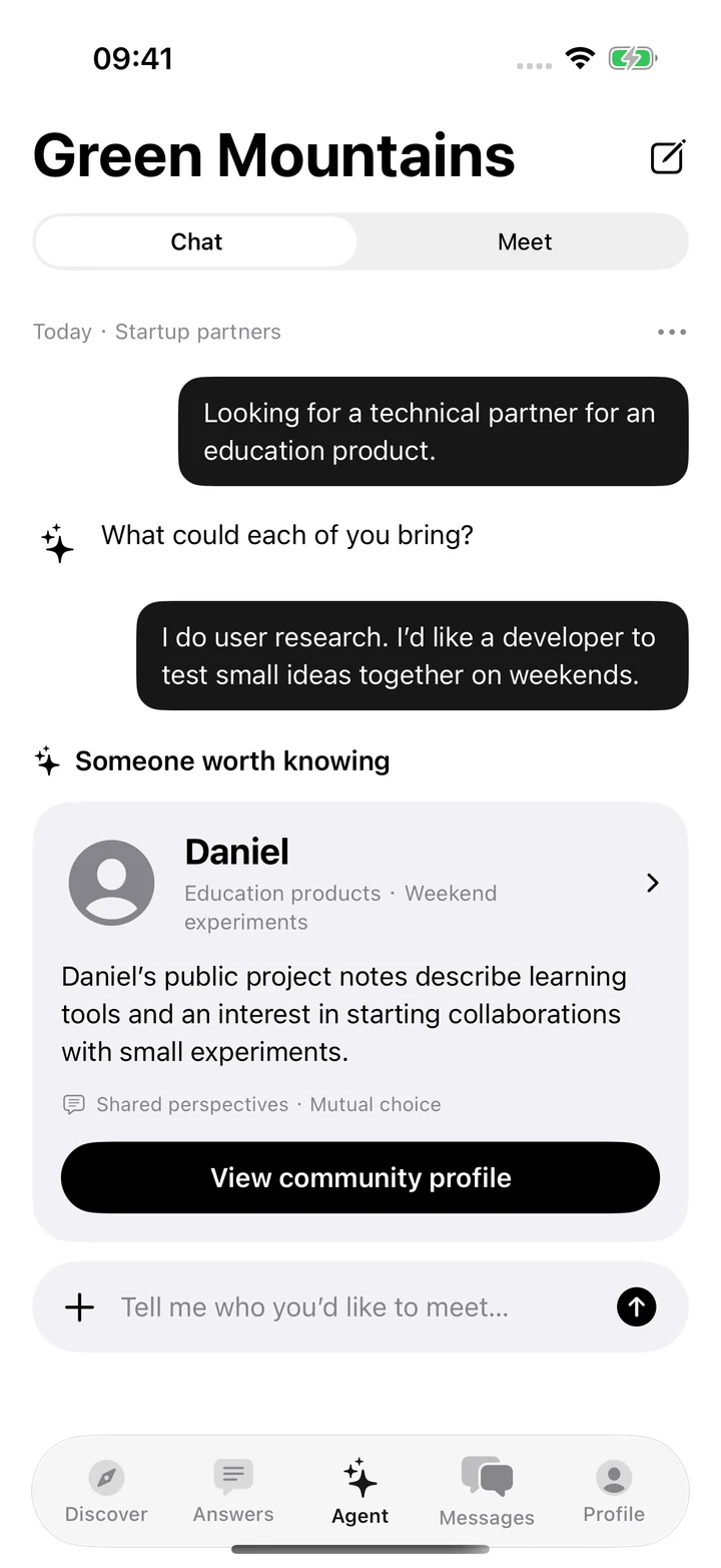 Native Green Mountains Agent: Startup partners conversation and Daniel suggestion