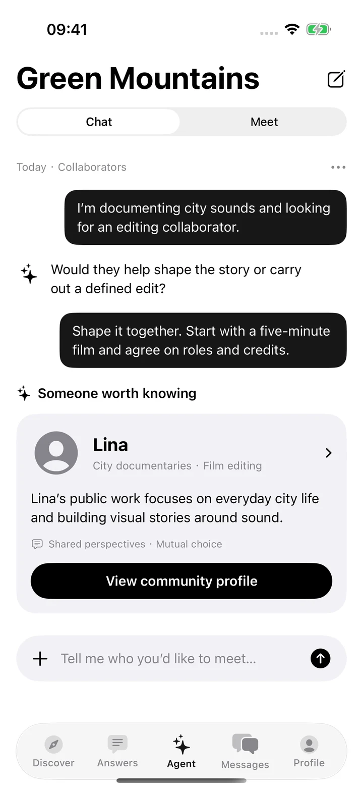 Native Green Mountains Agent: Collaborators conversation and Lina suggestion