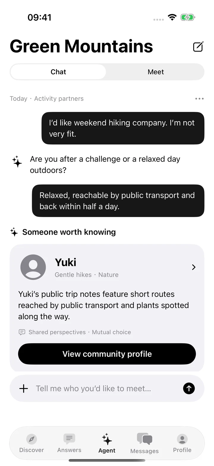 Native Green Mountains Agent: Activity partners conversation and Yuki suggestion