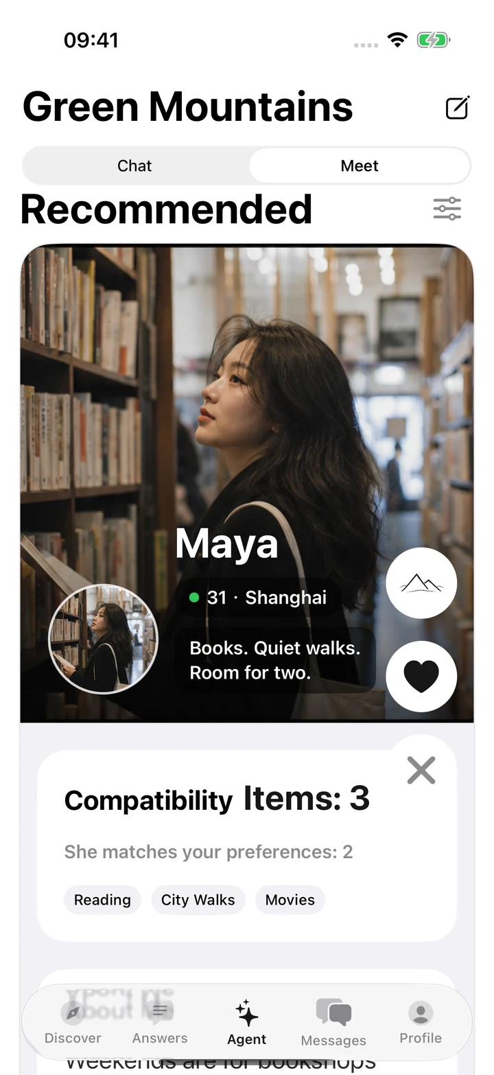 Native Meet screen with Maya’s existing recommendation card and the floating Agent navigation