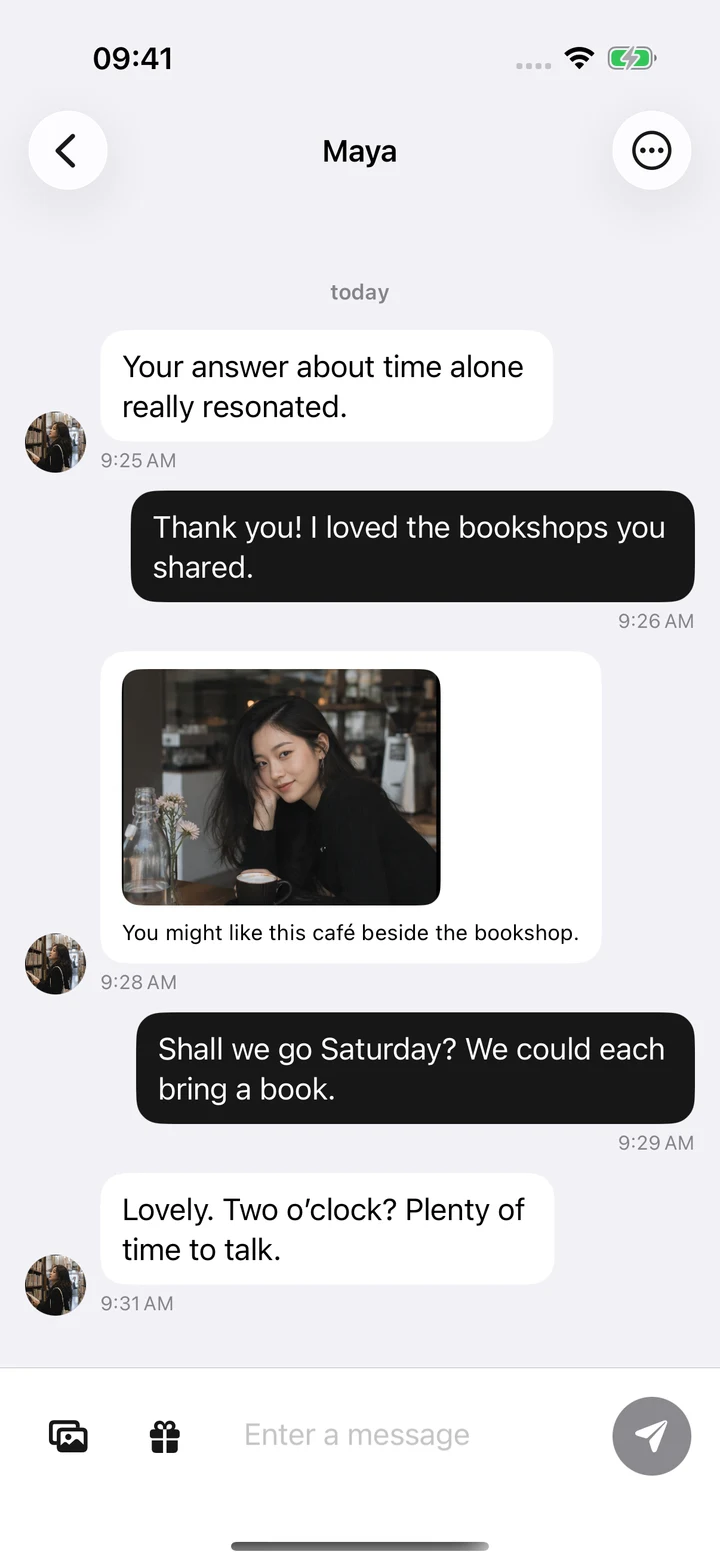 Green Mountains: direct messages with Maya, including a photo